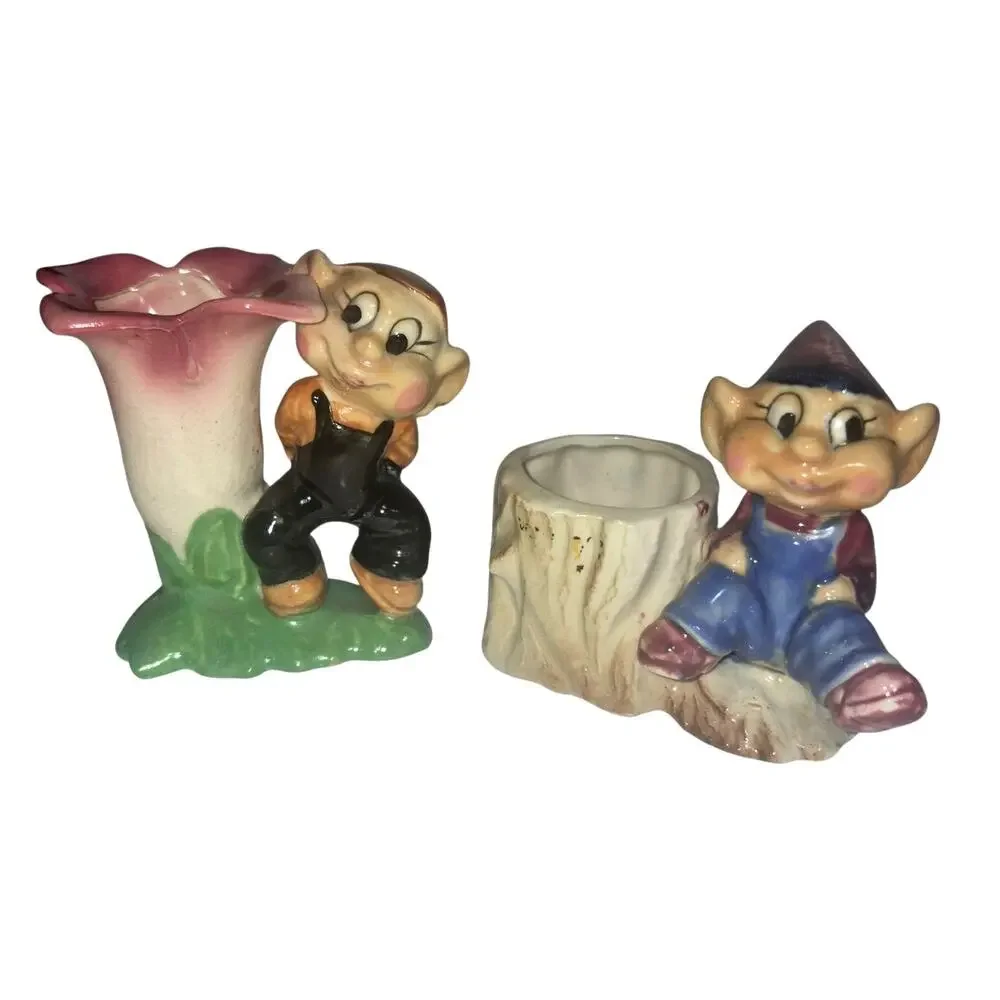 Vintage 1950s Kitschy Small Ceramic Elf Planters Set of 2 Whimsical Decor